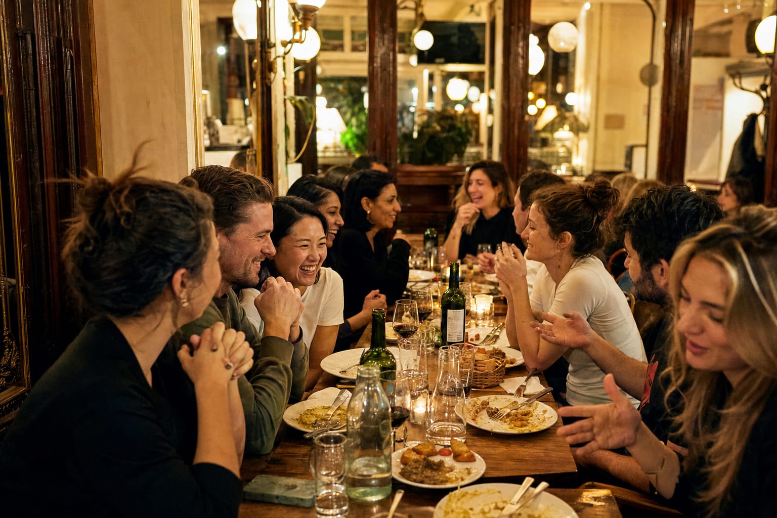 Une longue table dressée dans un bistrot parisien, le soir, une dizaine de convives en pleine conversation